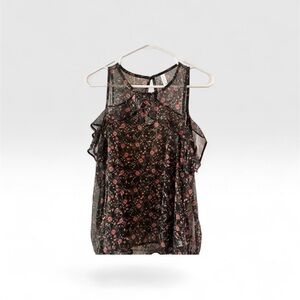 Xhilaration Sheer Black and Pink Floral Cold Shoulder Blouse